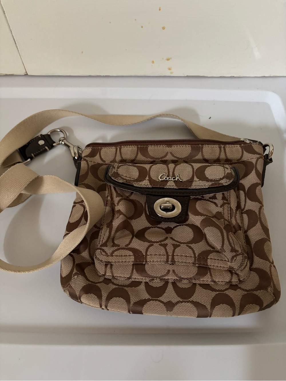 Coach Brown Signature Canvas Crossbody with Front Turn-Lock Pocket